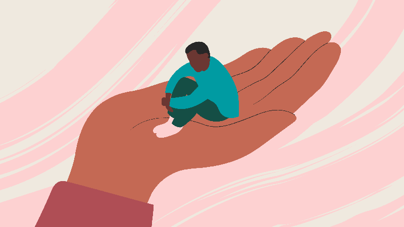 Abstrakt illustration av en person som sitter i en stor människohand.